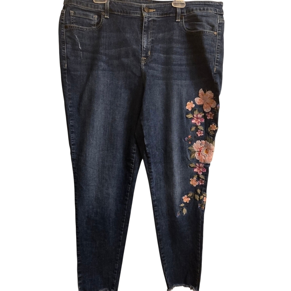 Lane Bryant Dark Blue Pink Embroidered Ankle Jeans